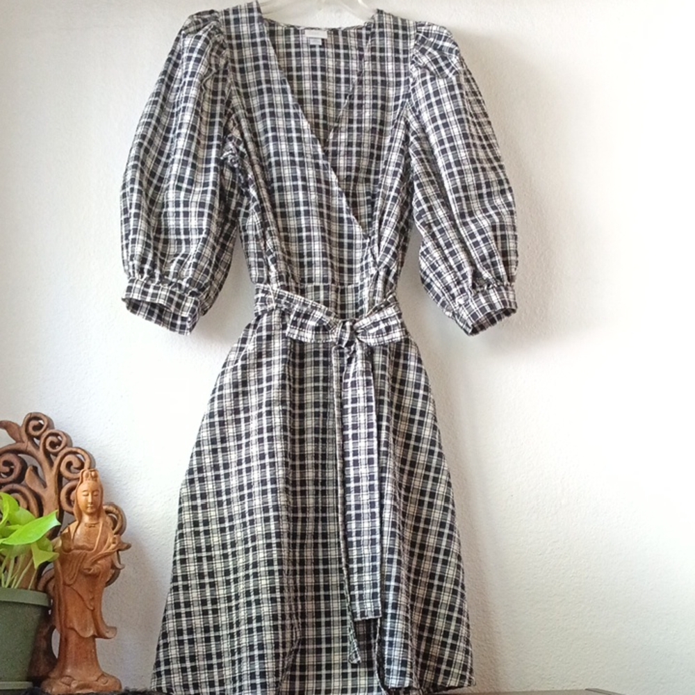 a new day Black and White Plaid Puff-Sleeve Faux Wrap Midi Dress